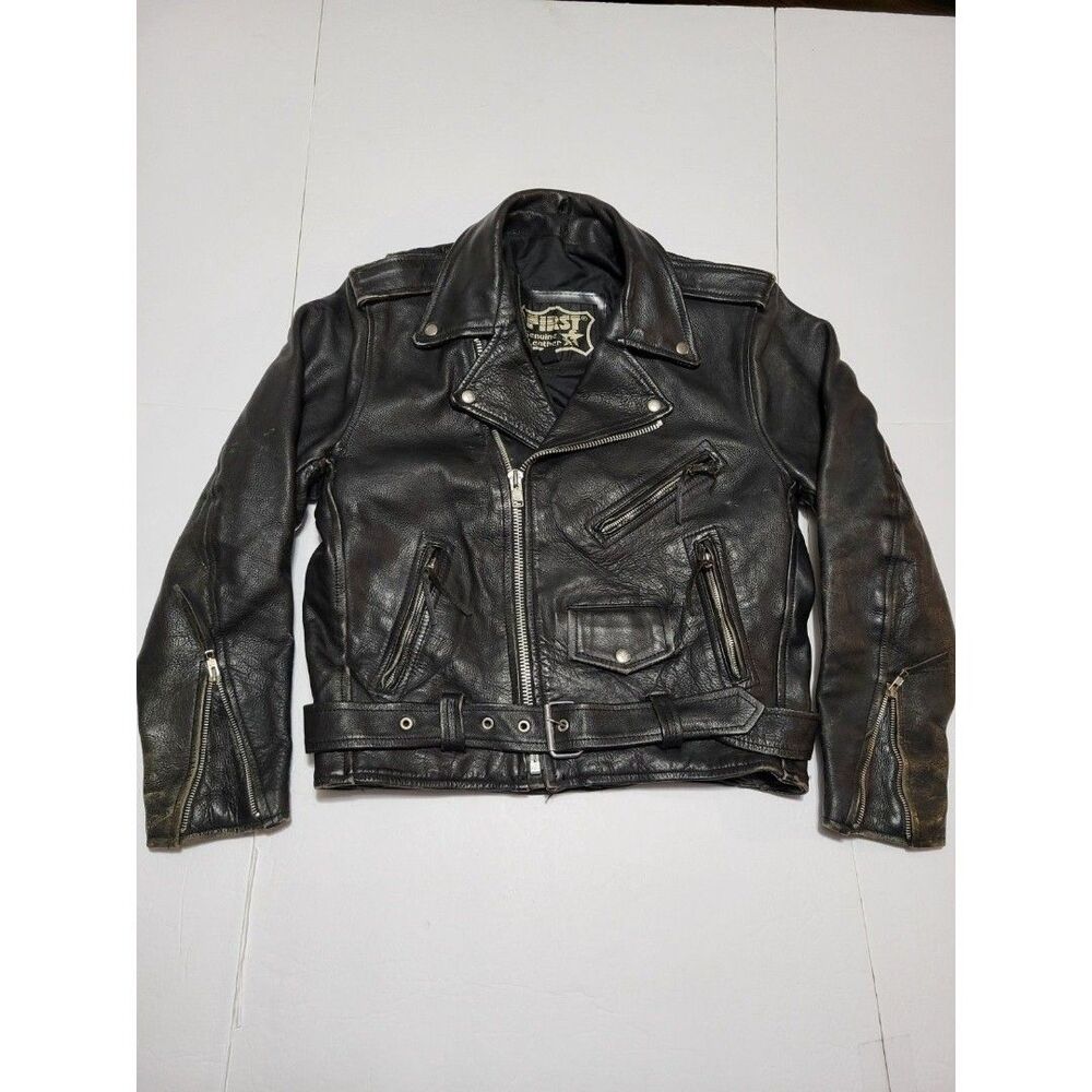 Vintage Black Leather Motorcycle Jacket Mens SZ 38 Biker Moto Belted Distressed